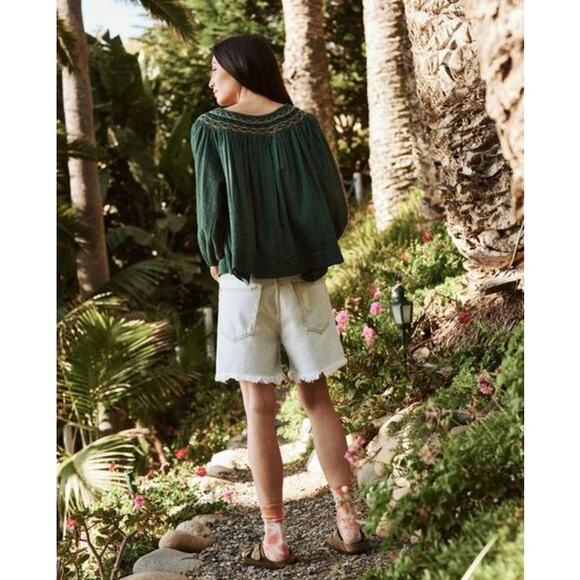 The Great NWT Sea Glass Top Palm Leaf Green Smocked Billowy Checked Cotton Top - Picture 2 of 16